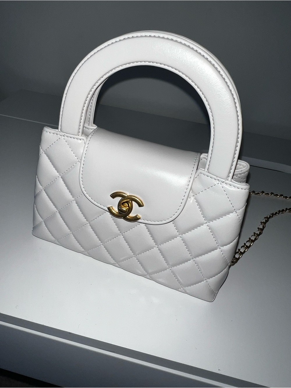 White Quilted Top-Handle Mini Bag with Gold Hardware